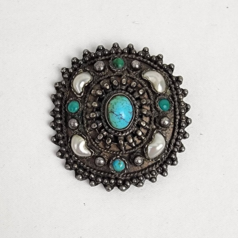Antique 935 Silver Turquoise Pearl Brooch Pendant Natural Patina Coastal Cowgirl